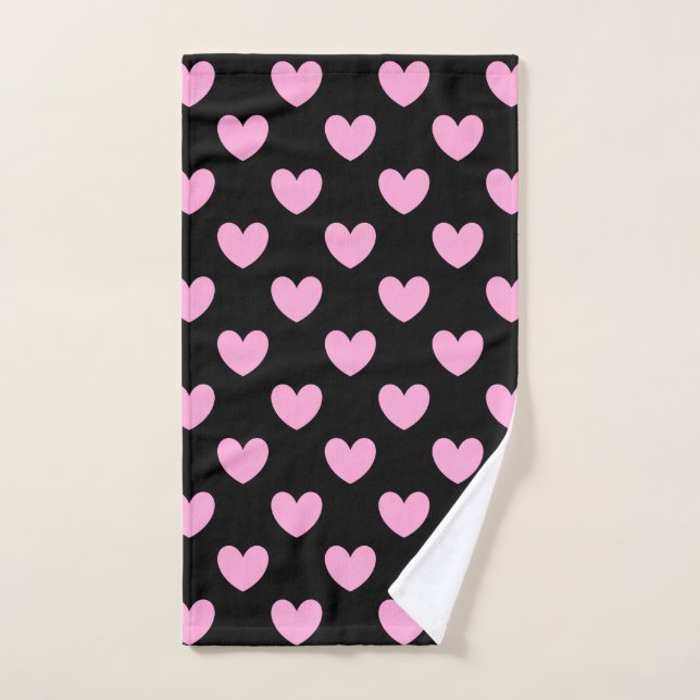 Cotton Candy Pink polka hearts on black Hand Towel (Hand Towel)