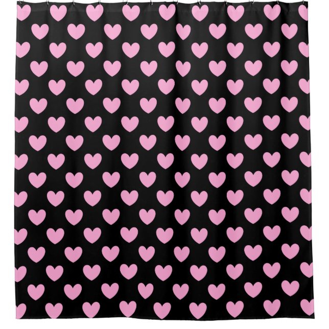 Cotton Candy Pink polka hearts on black Shower Curtain (Front)