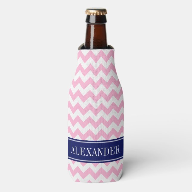 Cotton Candy Pink White Chevron Navy Name Monogram Bottle Cooler (Bottle Front)