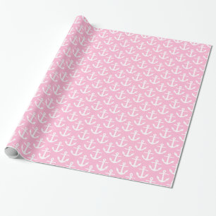 Cotton Candy Pink White Nautical Anchors Pattern Wrapping Paper