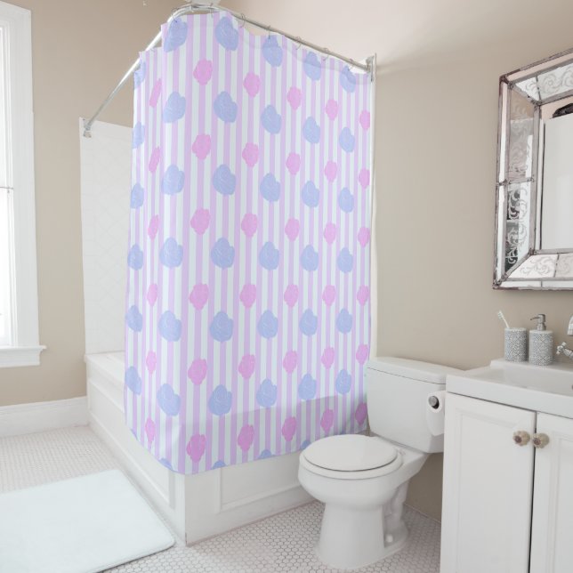 Cotton Candy Roses Pastel Stripes Shower Curtain (In Situ)