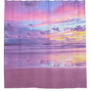 Cotton candy sunrise: beach view. shower curtain