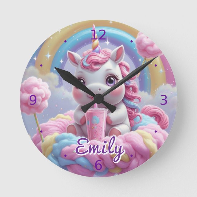 Cotton Candy Unicorn Wall Clock – Editable Name (Front)