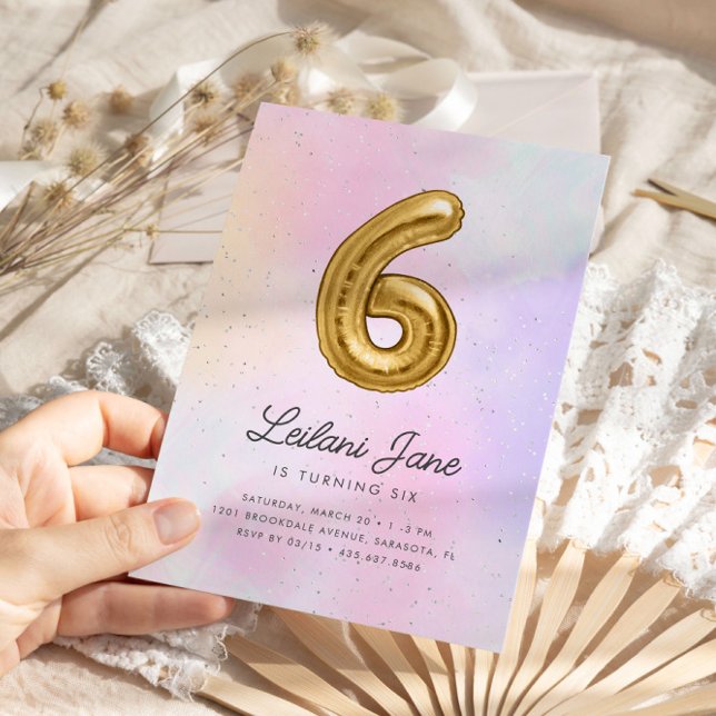 Cotton Candy Watercolor Girls 6th Birthday Balloon Invitation (Creator Uploaded)