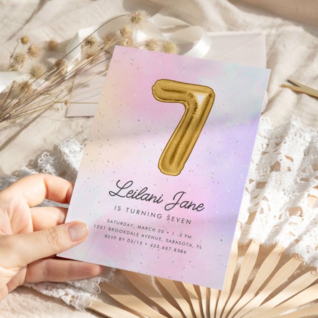 Cotton Candy Watercolor Girls 7th Birthday Balloon Invitation (Creator Uploaded)