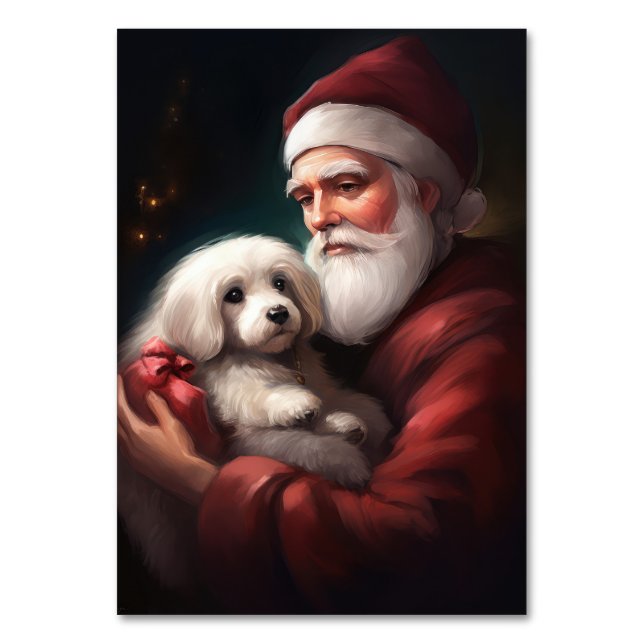 Cotton De Tulear With Santa Claus Christmas Table Number (Front)