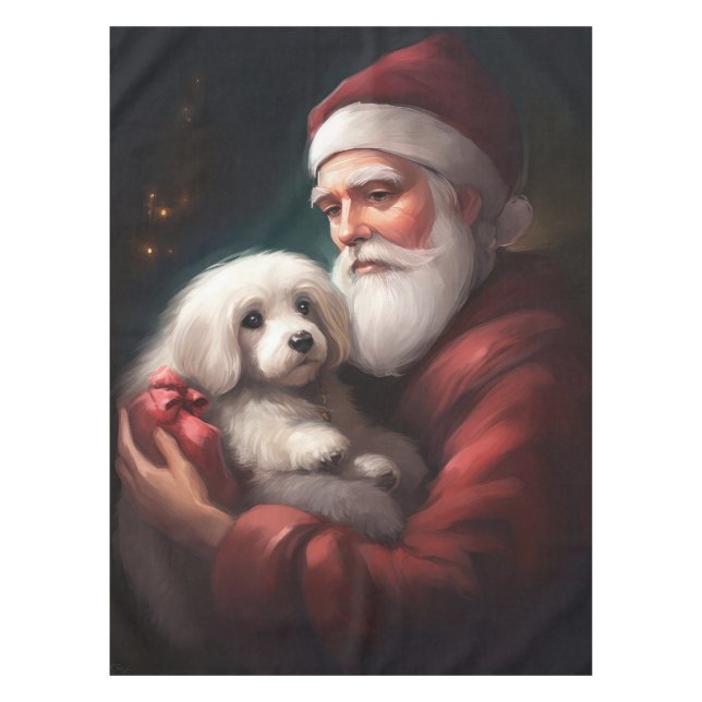 Cotton De Tulear With Santa Claus Christmas Tablecloth (Front)