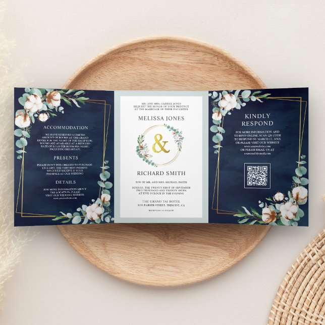 Cotton Eucalyptus Navy Blue QR Code Wedding Tri-Fold Invitation (Creator Uploaded)