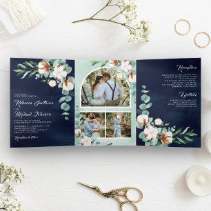 Cotton Eucalyptus Photo Collage Navy Blue Wedding Tri-Fold Invitation