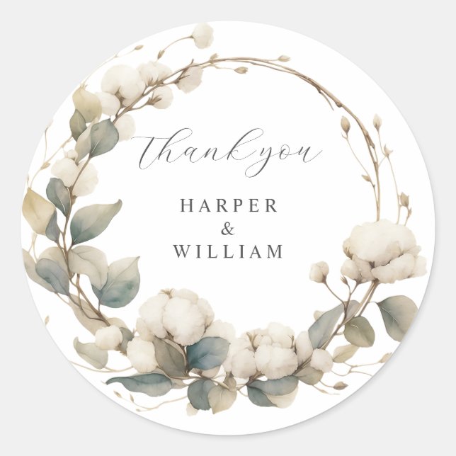 cotton & eucalyptus thank you wedding classic round sticker (Front)