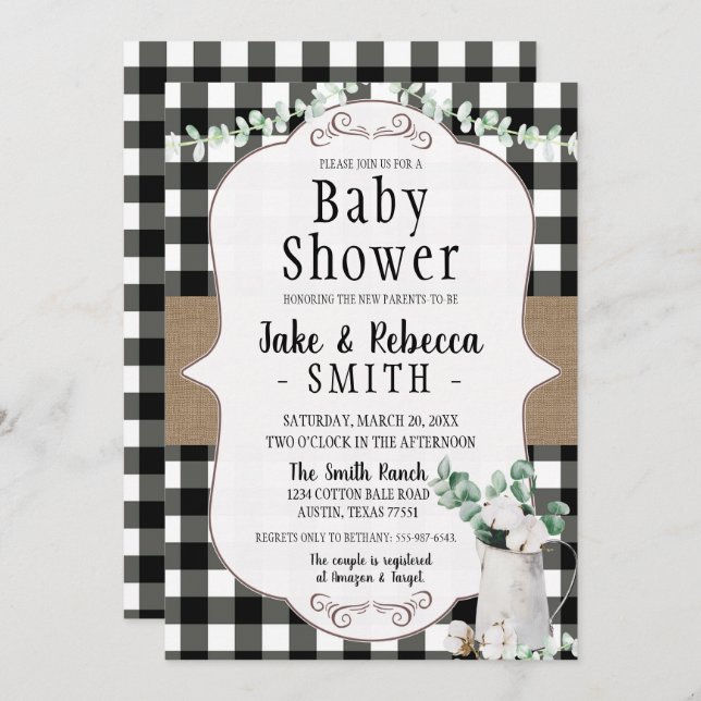 Cotton Farmhouse Black White Neutral Baby Shower Invitation (Front/Back)