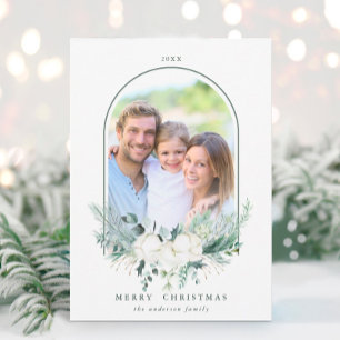 Cotton Flower Arched Frame Photo Christmas Holiday Card