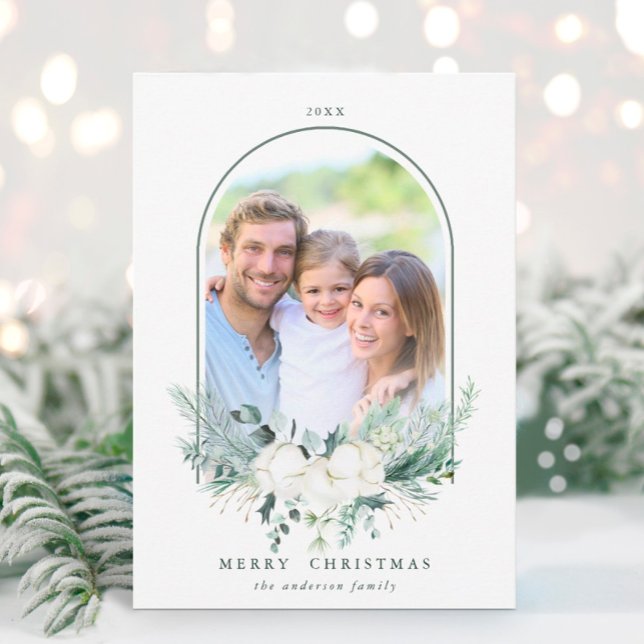 Cotton Flower Arched Frame Photo Christmas Holiday Card (Creator Uploaded)
