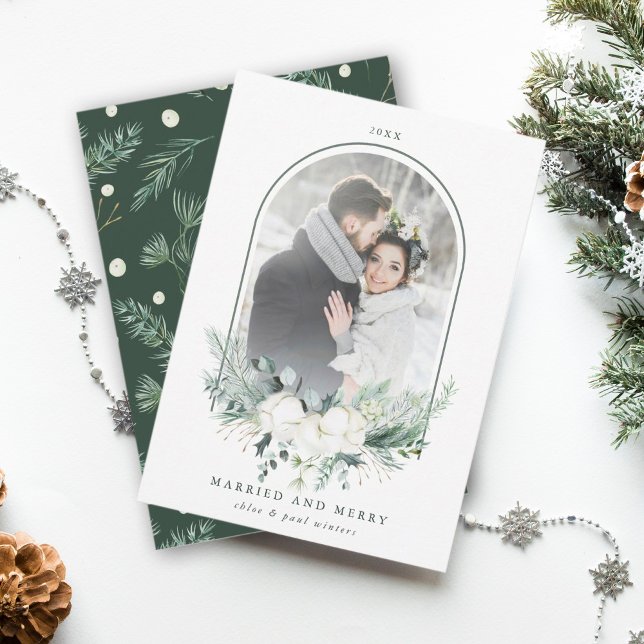 Cotton Flower Arched Frame Photo Married & Merry  Holiday Card (Creator Uploaded)