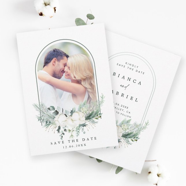 Cotton Flower Arched Frame Wedding Photo Save The Date (Creator Uploaded)