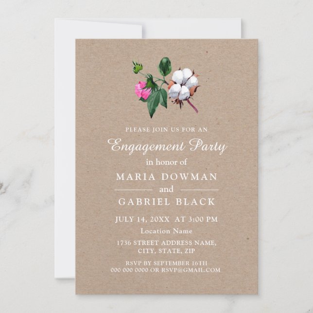  Cotton flower. Rustic botanical Engagement Part Invitation (Front)