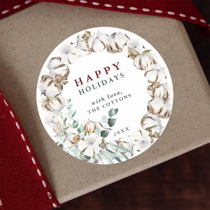 Cotton Flower Wreath Happy Holidays Classic Round Sticker