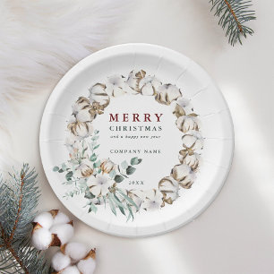 Cotton Flower Wreath Merry Christmas Holiday Paper Plate