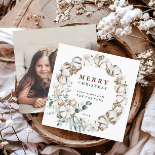 Cotton Flower Wreath Merry Christmas Photo Card 