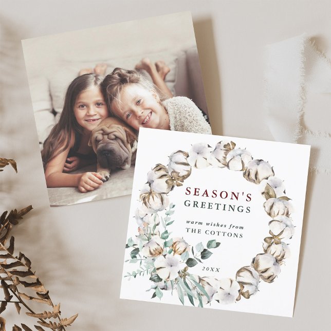 Cotton Flower Wreath Season's Greetings Photo Holiday Card (Front & Back)