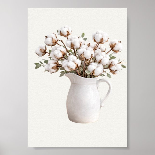 Cotton Flowers in White Pitcher Botanical Farmhous Poster (Front)