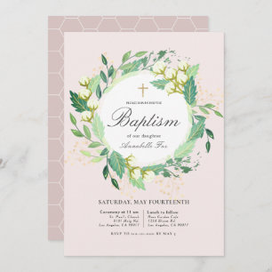 Cotton Garden Wreath Blush Pink Girl Baptism Invitation