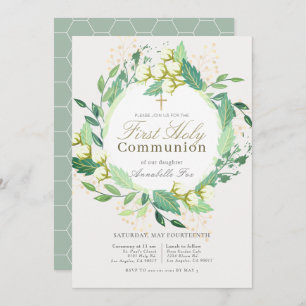 Cotton Garden Wreath Green First Holy Communion Invitation