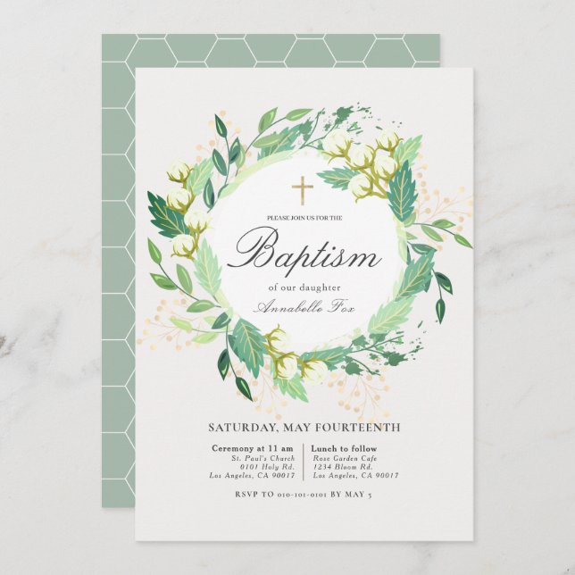 Cotton Garden Wreath White & Green Baptism Invitation (Front/Back)