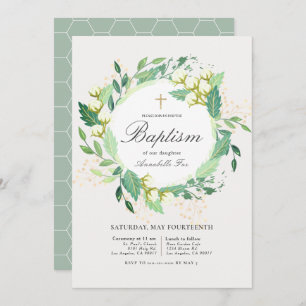 Cotton Garden Wreath White & Green Baptism Invitation