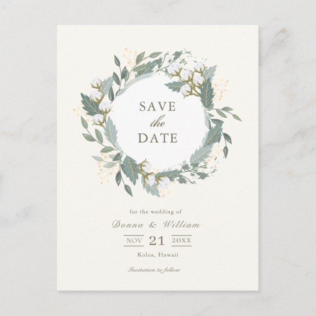 Cotton Garden Wreath White Save the Date Announcement Postcard (Front)