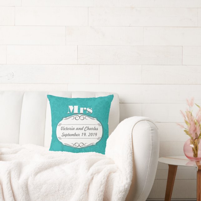 Cotton is the 2nd Wedding Anniversary Teal Damask Cushion (Couch)