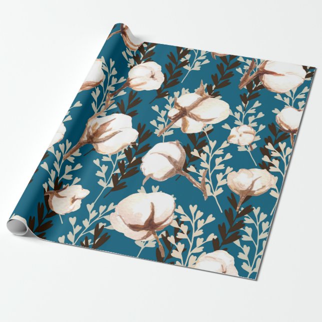 Cotton Plant Pattern Blue Wrapping Paper (Unrolled)