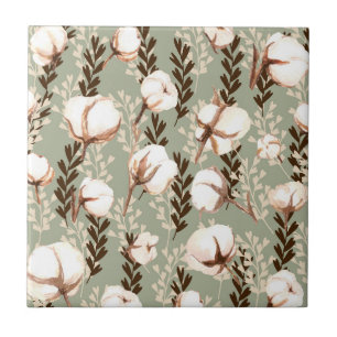 Cotton Plant Pattern Green Ceramic Tile