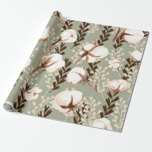 Cotton Plant Pattern Green Wrapping Paper