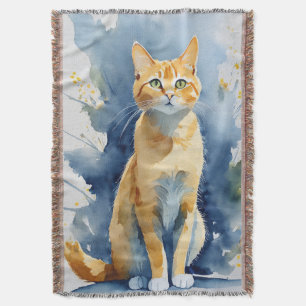 Cotton Throw Blanket With Lovely Ginger Cat Print