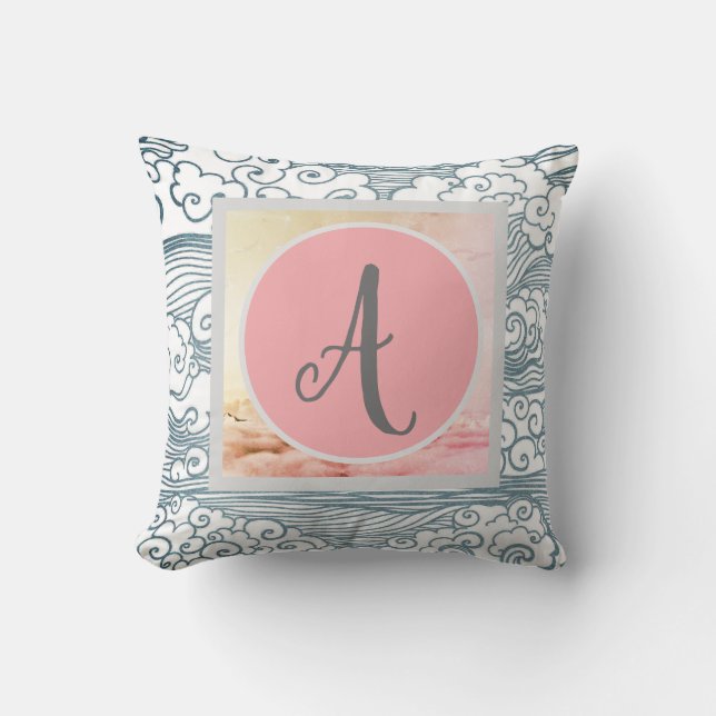 Cotton Throw Pillow, 16" x 16", Clouds & Monogram Cushion (Front)