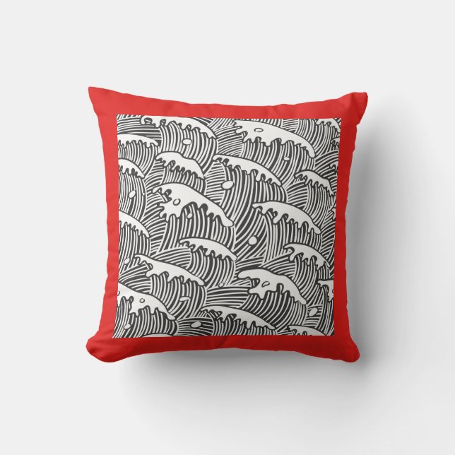 Cotton Throw Pillow, CUSTOM MONOGRAM JAPANESE WAVE Cushion (Front)