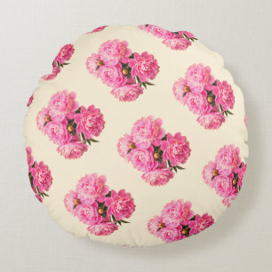 Cotton Vintage Watercolor Pink Peonies Floral Round Cushion