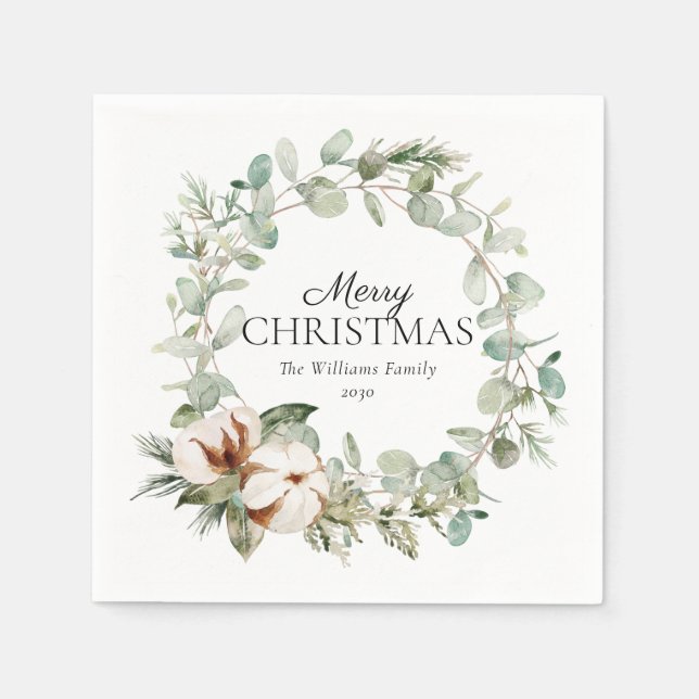 Cotton Winter Greenery Wreath Merry Christmas Napkin (Front)