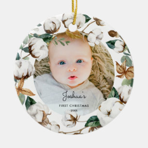 Cotton Wreath Baby 1st Christmas Photo Ornament