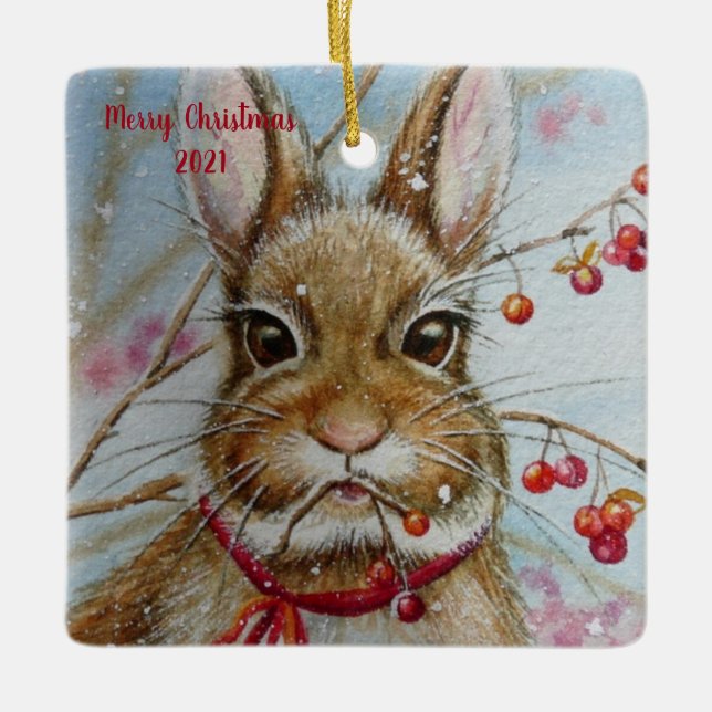 Cottontail Bunny Rabbit Bittersweet Watercolor Art Ceramic Ornament (Front)