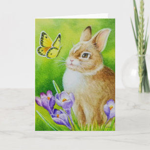 Cottontail Rabbit Butterfly Crocus Watercolor Art Card