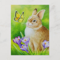 Cottontail Rabbit Butterfly Crocus Watercolor Art