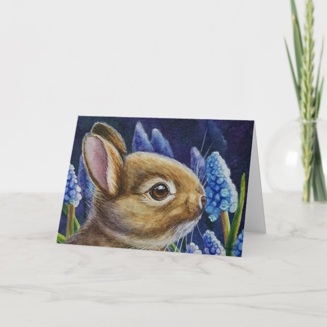 Cottontail Rabbit & Grape Hyacinth Watercolor Art Card (Front)