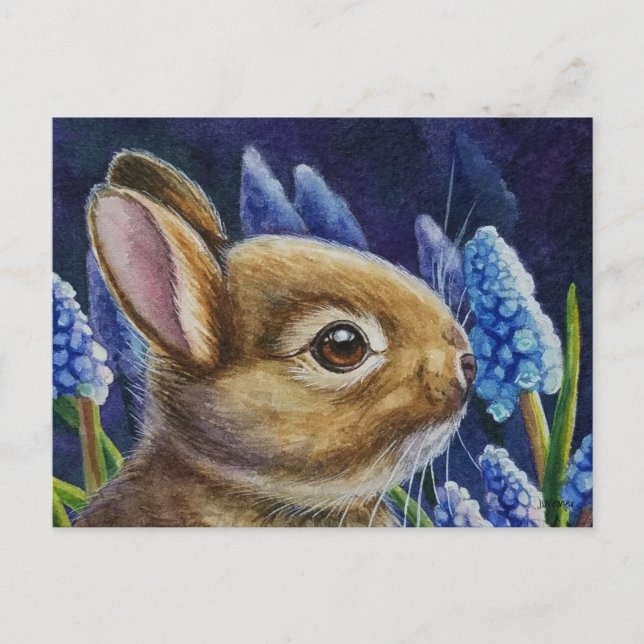 Cottontail Rabbit & Grape Hyacinth Watercolor Art Postcard (Front)
