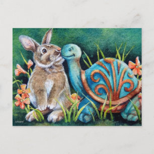 Cottontail Rabbit & Turtle Statue Watercolor Art Postcard