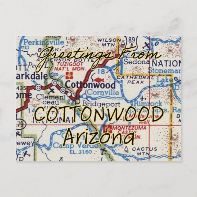 Cottonwood AZ Vintage Map Postcard (Front)