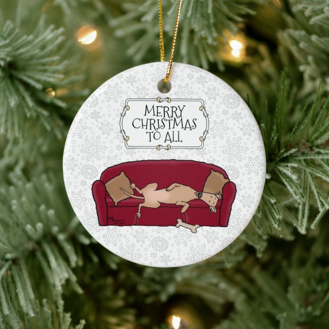 Couch Greyhound (fawn) Dog Waiting for Santa Ceramic Ornament (Tree)