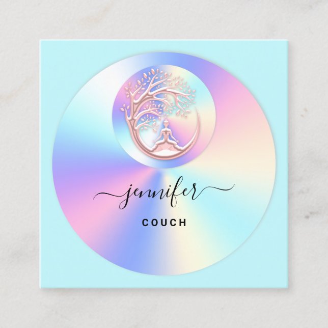 Couch Therapist Holograph QR Logo Yoga Aqua Square Business Card (Front)