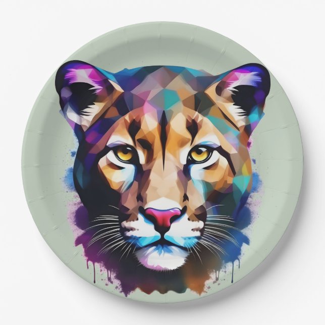 Cougar Colour Splash Abstract Art, Paper Plate (Front)